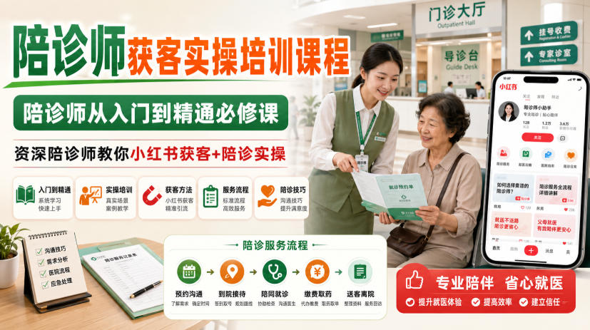 陪诊师获客实操培训课程,陪诊师从入门到精通必修课,资深陪诊师教你小红书获客+陪诊实操 陪诊师获客实操培训课程,陪诊师从入门到精通必修课,资深陪诊师教你小红书获客+陪诊实操