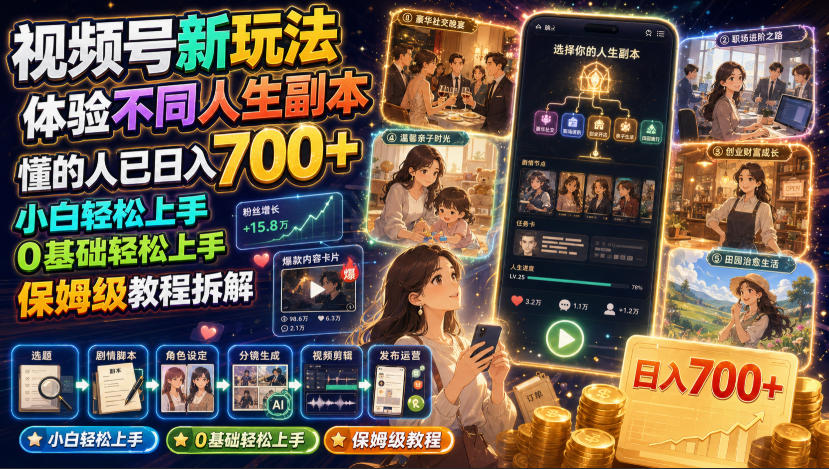 视频号新玩法体验不同人生副本，懂的人已日入700+，小白轻松上手，0基础轻松上手，保姆级教程拆解-驿想项目网