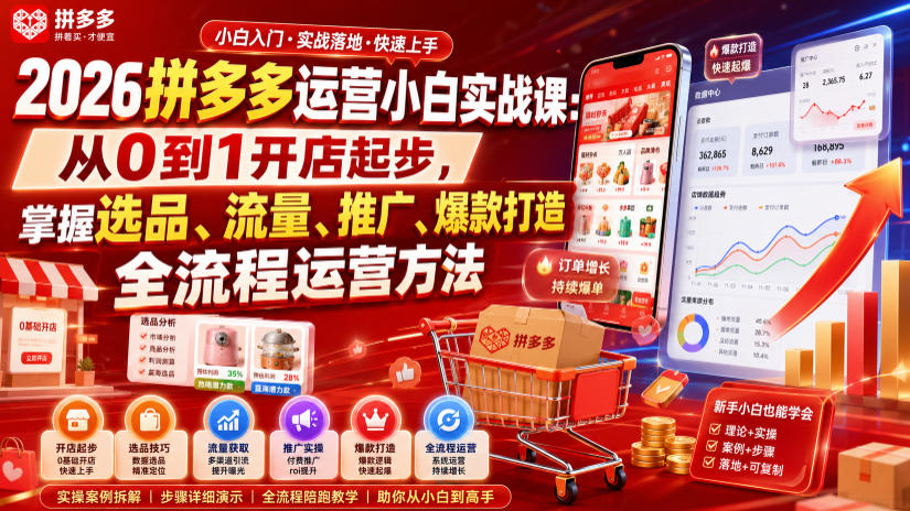 2026拼多多运营小白实战课：从0到1开店起步，掌握选品、流量、推广、爆款打造全流程运营方法-驿想项目网