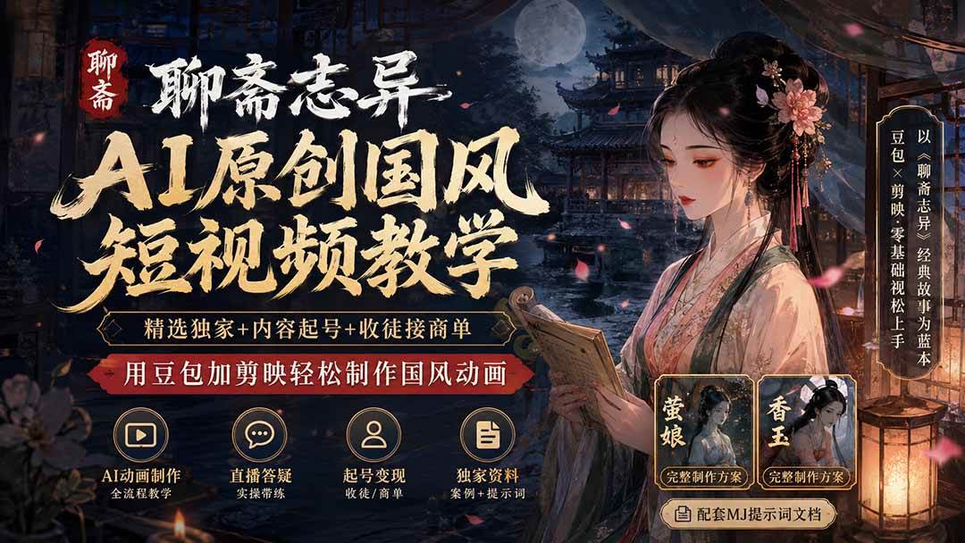 （19834期）聊斋志异AI原创国风短视频教学；精选独家+内容起号+收徒接商单，用豆包加剪映轻松制作国风动画-驿想项目网