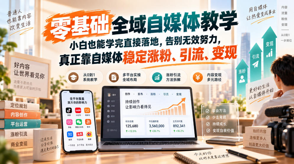 零基础全域自媒体教学,小白也能学完直接落地,告别无效努力,真正靠自媒体稳定涨粉、引流、变现-驿想项目网