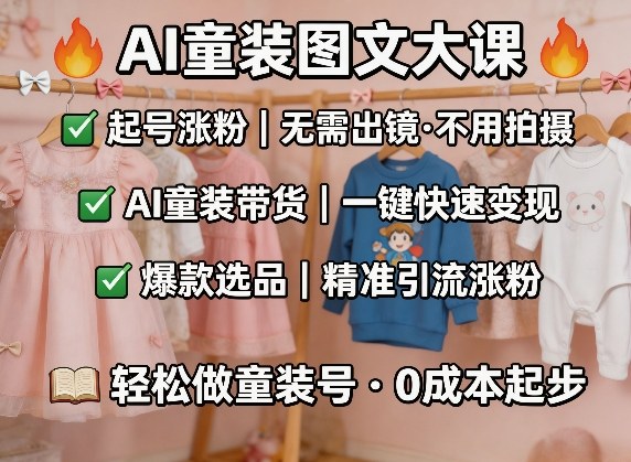 AI童装图文剪辑，某社群童装图文大课，起号涨粉、AI童装带货、爆款选品，无需出镜和拍摄-驿想项目网