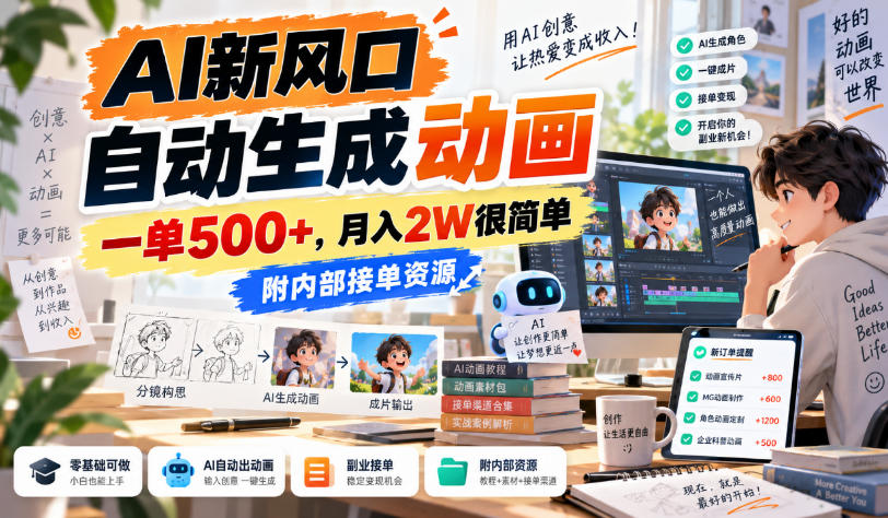 AI新风口,自动生成动画,一单500+,月入2W很简单,附内部接单资源【揭秘】-驿想项目网