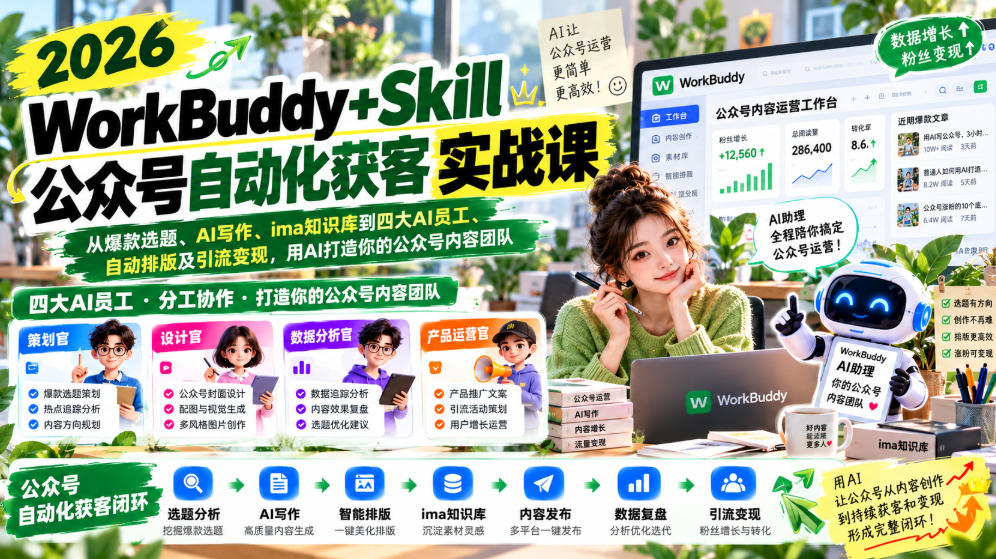 2026WorkBuddy+Skill公众号自动化获客实战课，从爆款选题、AI写作、ima知识库到四大AI员工、自动排版及引流变现，用AI打造你的公众号内容团队-驿想项目网