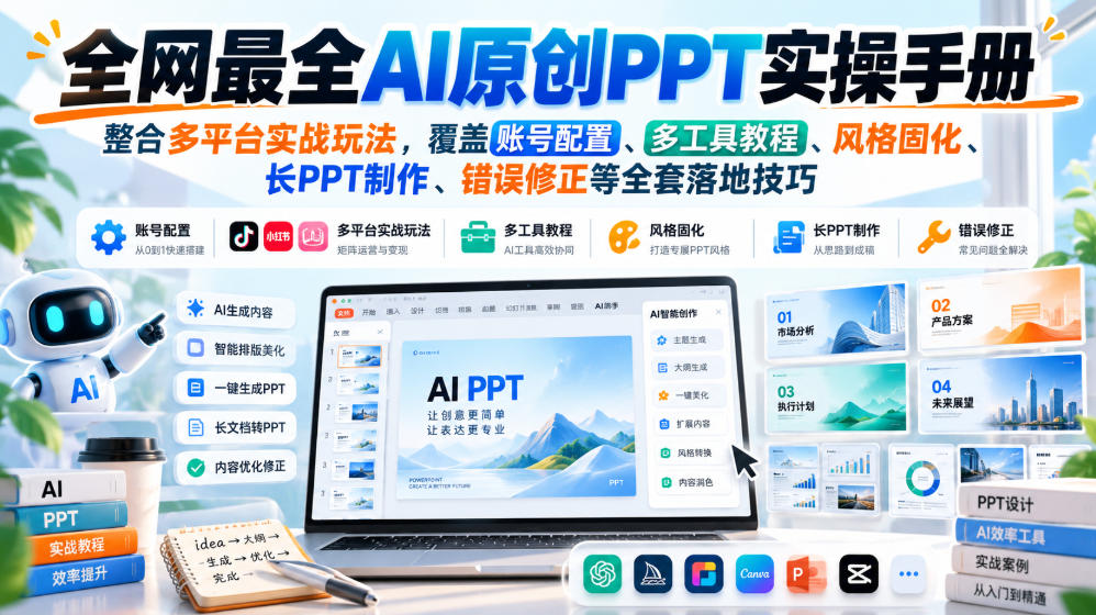 全网最全AI原创PPT实操手册,整合多平台实战玩法,覆盖账号配置、多工具教程、风格固化、长PPT制作、错误修正等全套落地技巧-驿想项目网