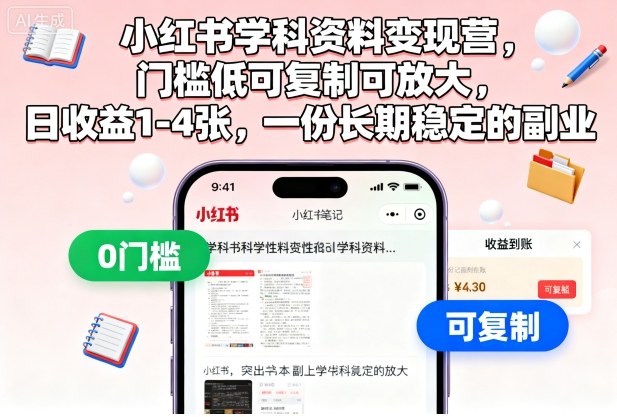 小红书学科资料变现营，门槛低可复制可放大，日收益1-4张，一份长期稳定的副业-驿想项目网