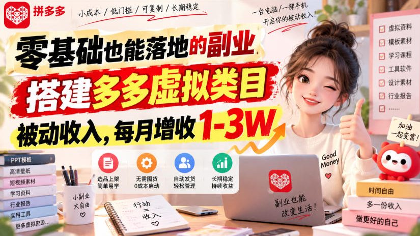 零基础也能落地的副业,搭建多多虚拟类目被动收入,每月增收1-3W【揭秘】-驿想项目网