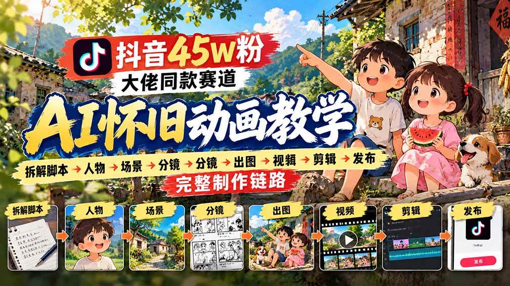 （20781期）抖音45W粉大佬同款赛道AI怀旧动画教学：拆解脚本→人物→场景→分镜→出图→视频→剪辑→发布完整制作链路-驿想项目网