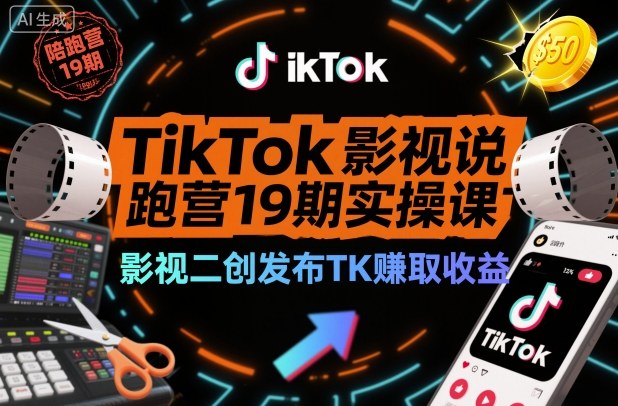 TikTok影视解说陪跑营19期实操课,影视二创发布TK賺取收益,万播收益50美金-驿想项目网