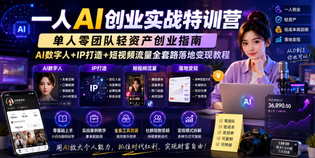 一人AI创业实战特训营,单人零团队轻资产创业指南,AI数字人+IP打造+短视频流量全套路落地变现教程-驿想项目网