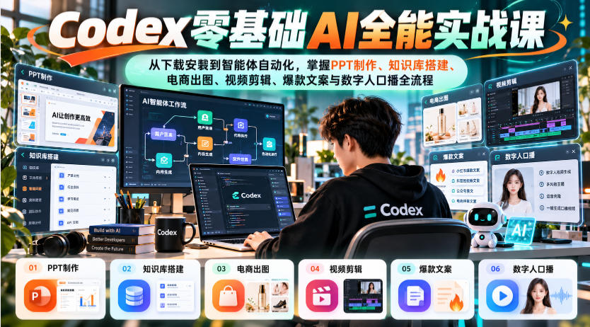 Codex零基础AI全能实战课：从下载安装到智能体自动化，掌握知识库搭建、电商出图、视频剪辑、爆款文案与数字人口播全流程-驿想项目网