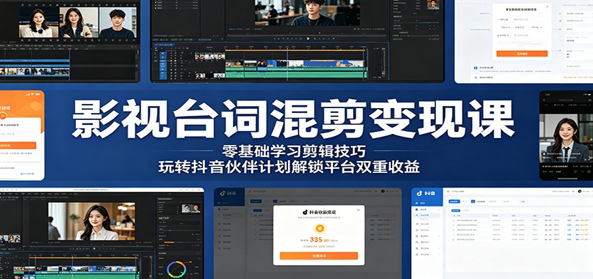 影视台词混剪变现课：零基础学习剪辑技巧，玩转抖音伙伴计划解锁平台双重收益-驿想项目网