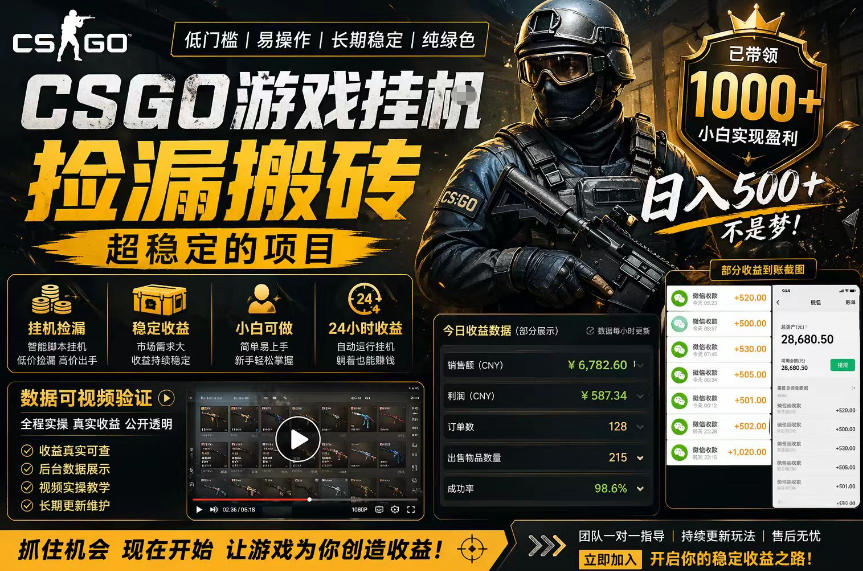 CSGO游戏搬砖，全自动挂G，不需要玩游戏，手机操作日入300+，解放双手【揭秘】-驿想项目网