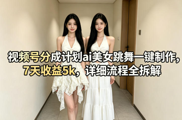 视频号分成计划ai美女跳舞一键制作，7天收益5k，详细流程全拆解-驿想项目网