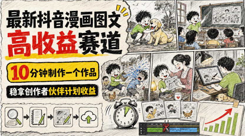 最新抖音漫画图文高收益赛道，10分钟制作一个作品，稳拿创作者伙伴计划收益-驿想项目网