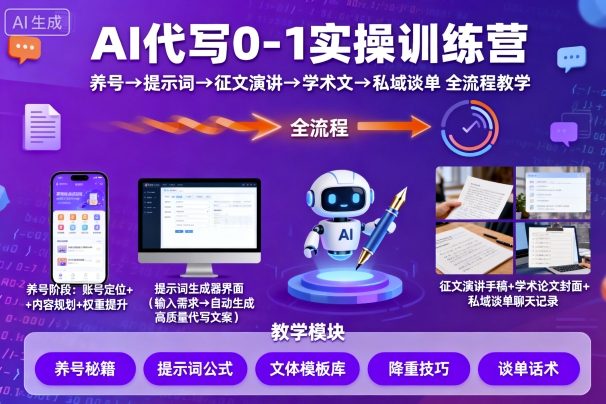 AI代写0-1实操训练营，从养号、提示词、征文演讲、学术文，到私域谈单的全流程教学-驿想项目网