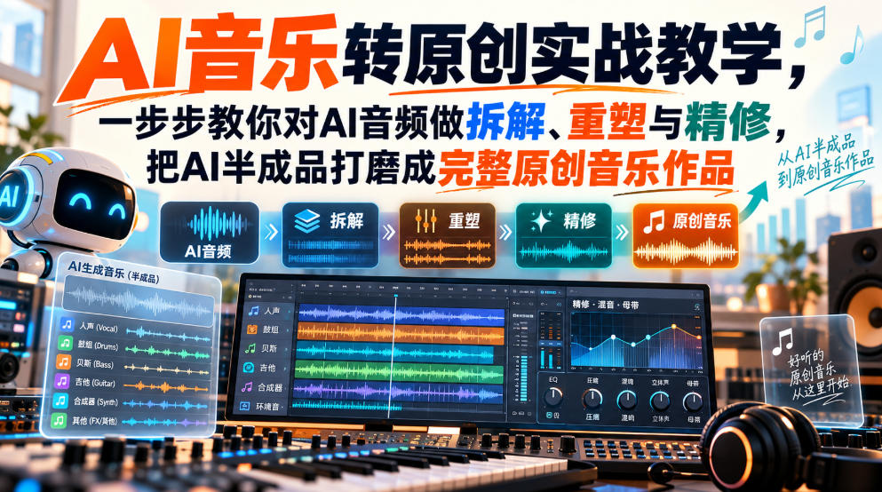 AI音乐转原创实战教学，一步步教你对AI音频做拆解、重塑与精修，把AI半成品打磨成完整原创音乐作品-驿想项目网