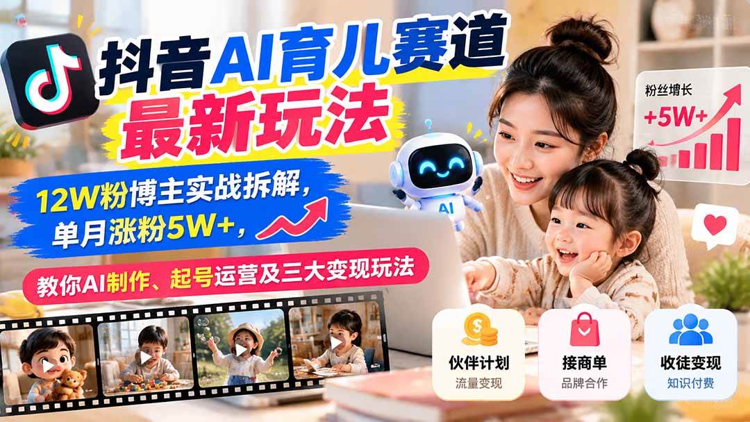 （21082期）抖音AI育儿赛道最新玩法：12W粉博主实战拆解，单月涨粉5W+，教你AI制作、起号运营及三大变现玩法-驿想项目网
