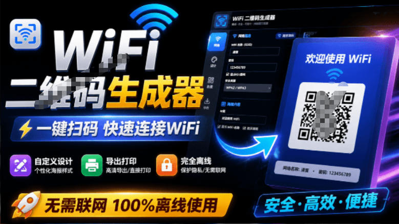 完全离线使用！WiFi二维码生成器，一键扫码快速连接WiFi，支持自定义风格导出WiFi二维码生成器-驿想项目网