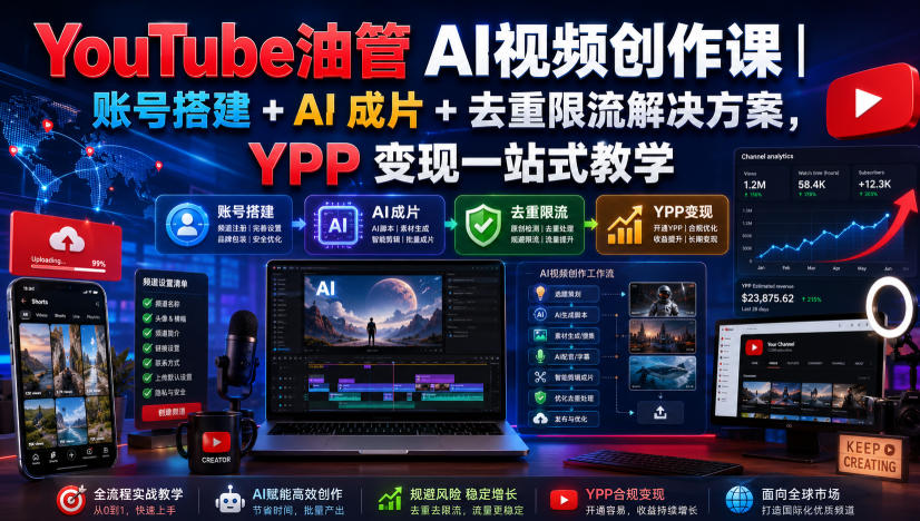 YouTube油管AI视频创作课｜账号搭建+AI成片+去重限流解决方案，YPP变现一站式教学（更新0925）-驿想项目网