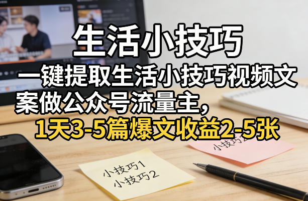 一键提取生活小技巧视频文案做公众号流量主，1天3-5篇爆文收益2-5张-驿想项目网