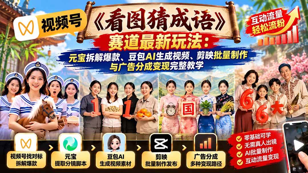 (21060期)视频号《看图猜成语》赛道最新玩法:元宝拆解爆款、豆包AI生成视频、剪映批量制作与广告分成变现完整教学 (21060期)视频号《看图猜成语》赛道最新玩法:元宝拆解爆款、豆包AI生成视频、剪映批量制作与广告分成变现完整教学