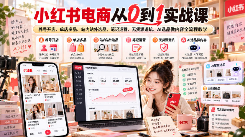 小红书电商从0到1实战课｜养号开店、单店多品、站内站外选品、笔记运营、无货源避坑、AI选品做内容全流程教学-驿想项目网