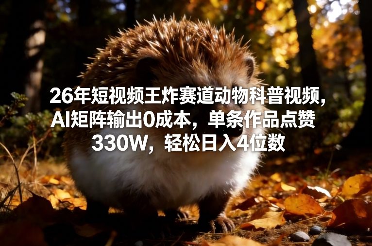 26年短视频王炸赛道动物科普视频，AI矩阵输出0成本，单条作品点赞330W，轻松日入4位数-驿想项目网