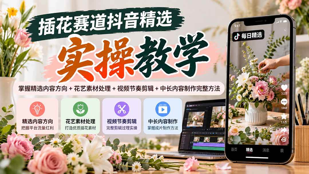 （20775期）插花赛道抖音精选实操教学：掌握精选内容方向+花艺素材处理+视频节奏剪辑+中长内容制作完整方法-驿想项目网