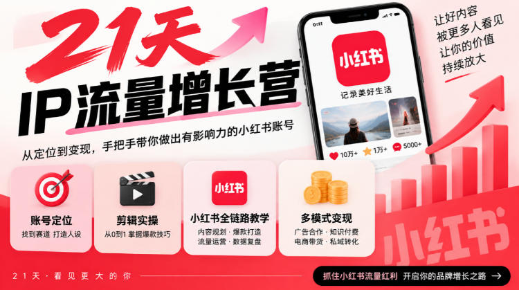 21天IP流量增长营，小红书全链路教学，账号定位剪辑实操，多模式变现系统课-驿想项目网