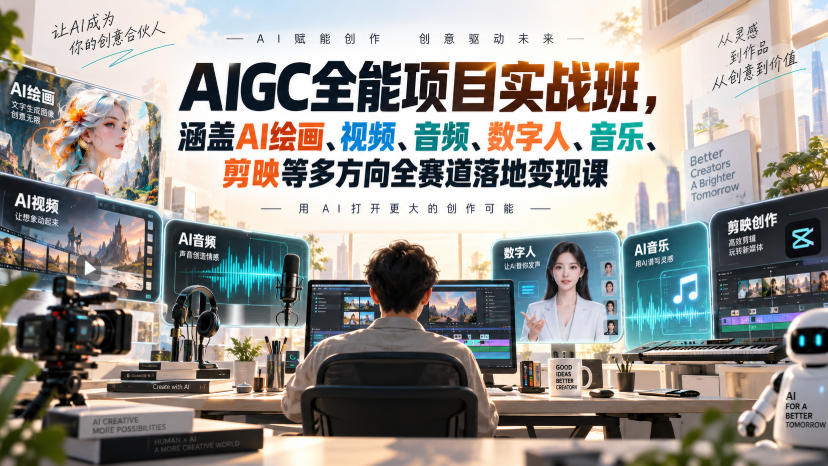 AIGC全能项目实战班,涵盖AI绘画、视频、音频、数字人、音乐、剪映等多方向全赛道落地变现课(更新)-驿想项目网