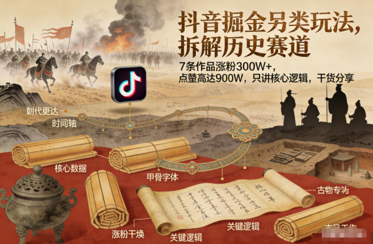 抖音掘金另类玩法，拆解历史赛道，7条作品涨粉300W+，点赞量高达900W，只讲核心逻辑，干货分享-驿想项目网