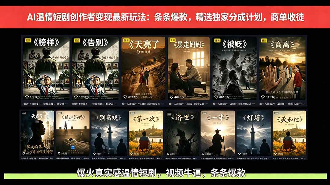 （18748期）AI温情短剧创作者变现最新玩法：视频牛逼，条条爆款，精选独家分成计划，商单收徒-驿想项目网