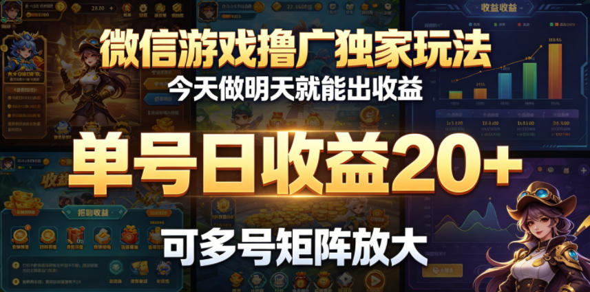 微信游戏撸广独家玩法，今天做明天就能出收益，单号日收益20+，可多号矩阵放大-驿想项目网