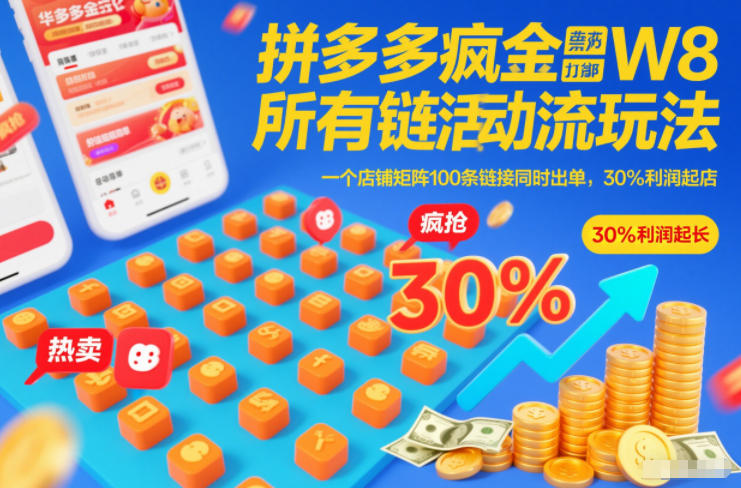 拼多多疯狂活动流玩法，所有链接全部打标，一个店铺矩阵100条链接同时出单，30%利润起店-驿想项目网