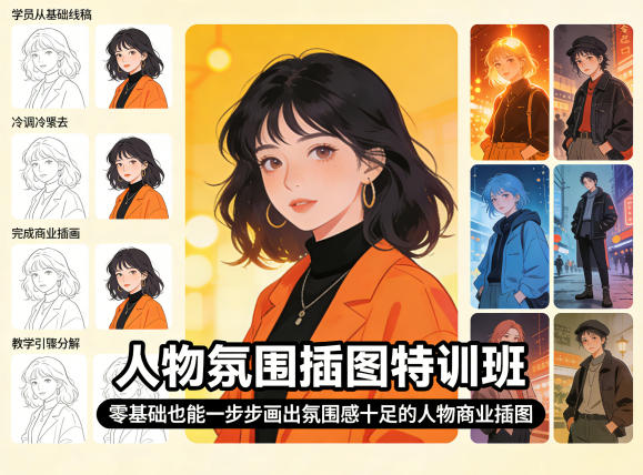 人物氛围插图特训班，零基础也能一步步画出氛围感十足的人物商业插图-驿想项目网