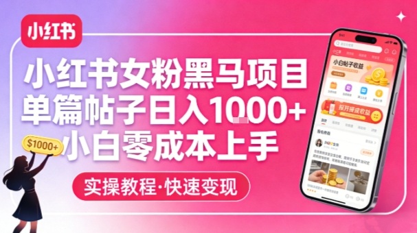 小红书女粉黑马项目，单篇帖子日入1k+，小白零成本上手-驿想项目网