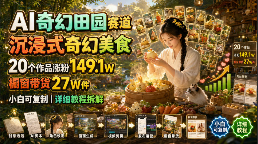 AI奇幻田园赛道，沉浸式奇幻美食，20个作品涨粉149.1W，橱窗带货27W件，小白可复制，详细教程拆解-驿想项目网