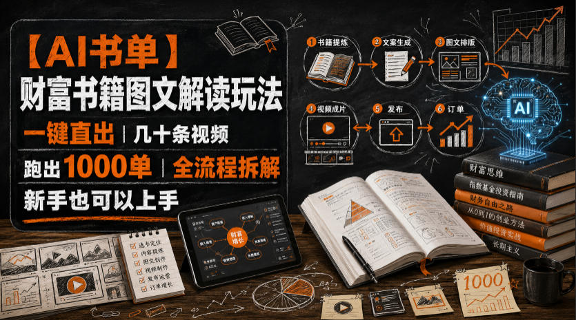 【AI书单】财富书籍图文解读玩法，一键直出，几十条视频，跑出1000单，全流程拆解，新手也可以上手-驿想项目网