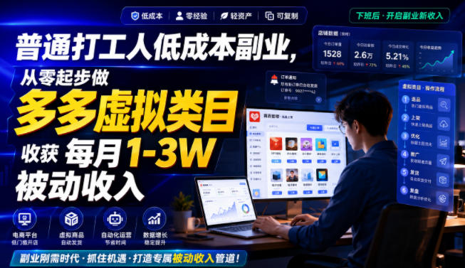 普通打工人低成本副业，从零起步做多多虚拟类目，收获每月1-3W被动收入【揭秘】-驿想项目网