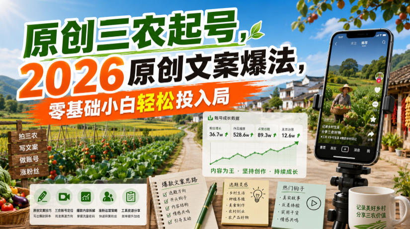 原创三农起号，2026原创文案爆法，零基础小白轻松投入局-驿想项目网