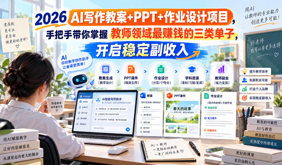 2026 AI写作教案+PPT+作业设计项目,手把手带你掌握教师领域最賺钱的三类单子,开启稳定副收入-驿想项目网