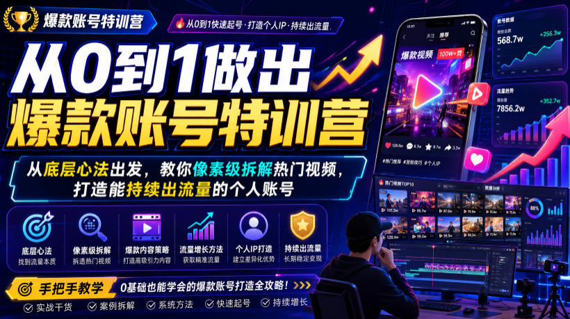 从0到1做出爆款账号特训营,从底层心法出发,教你像素级拆解热门视频,打造能持续出流量的个人账号-驿想项目网
