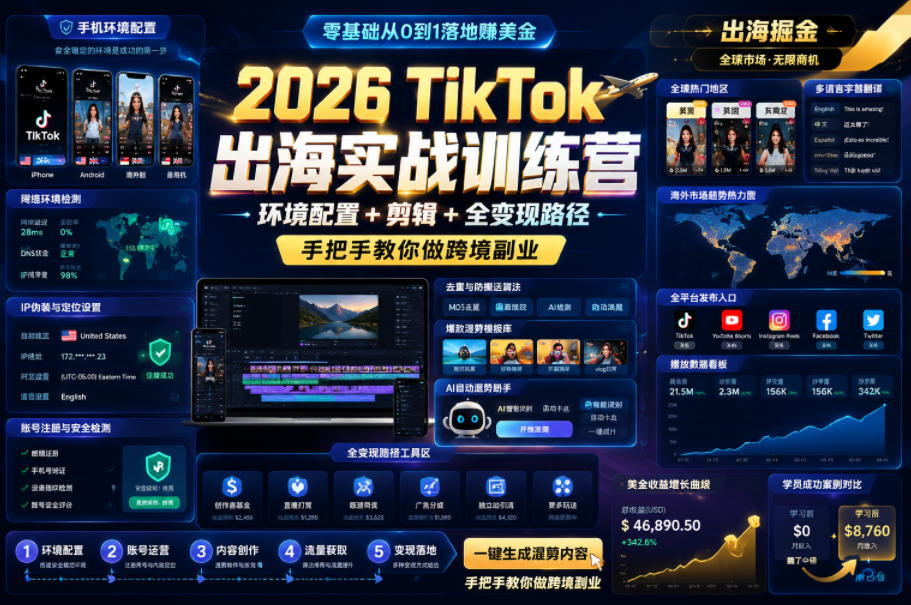 2026 TikTok出海实战训练营，环境配置 + 剪辑 + 全变现路径，手把手教你做跨境副业-驿想项目网