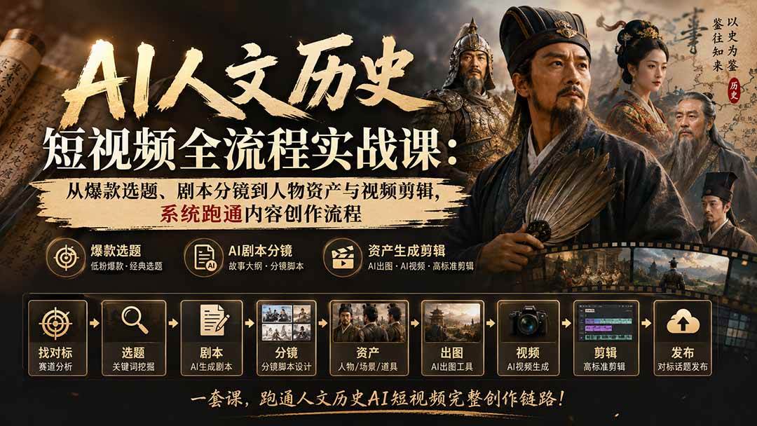 （20074期）AI人文历史短视频全流程实战课：从爆款选题、剧本分镜到人物资产与视频剪辑，系统跑通内容创作流程-驿想项目网