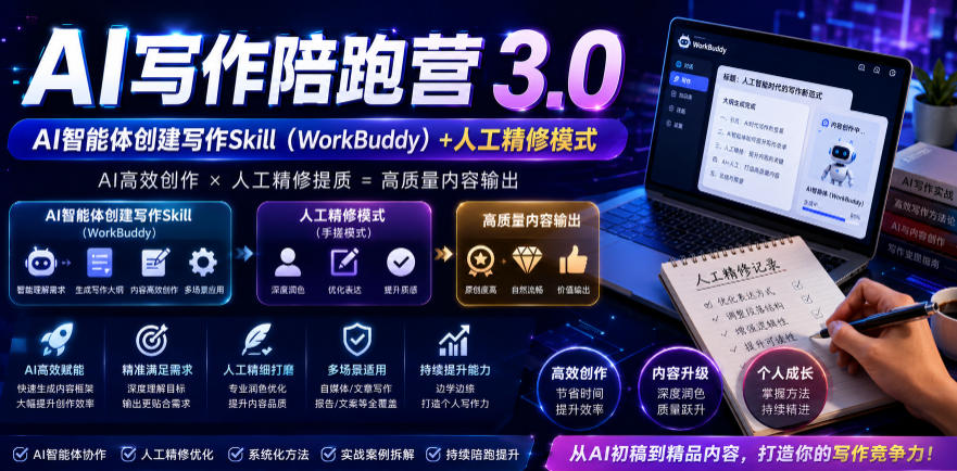 AI写作陪跑营3.0，Ai智能体创建写作skill（workbuddy）+人工手写模式（手搓模式），去除AI痕迹（头条号、公众号、百家号）（更新0806）-驿想项目网