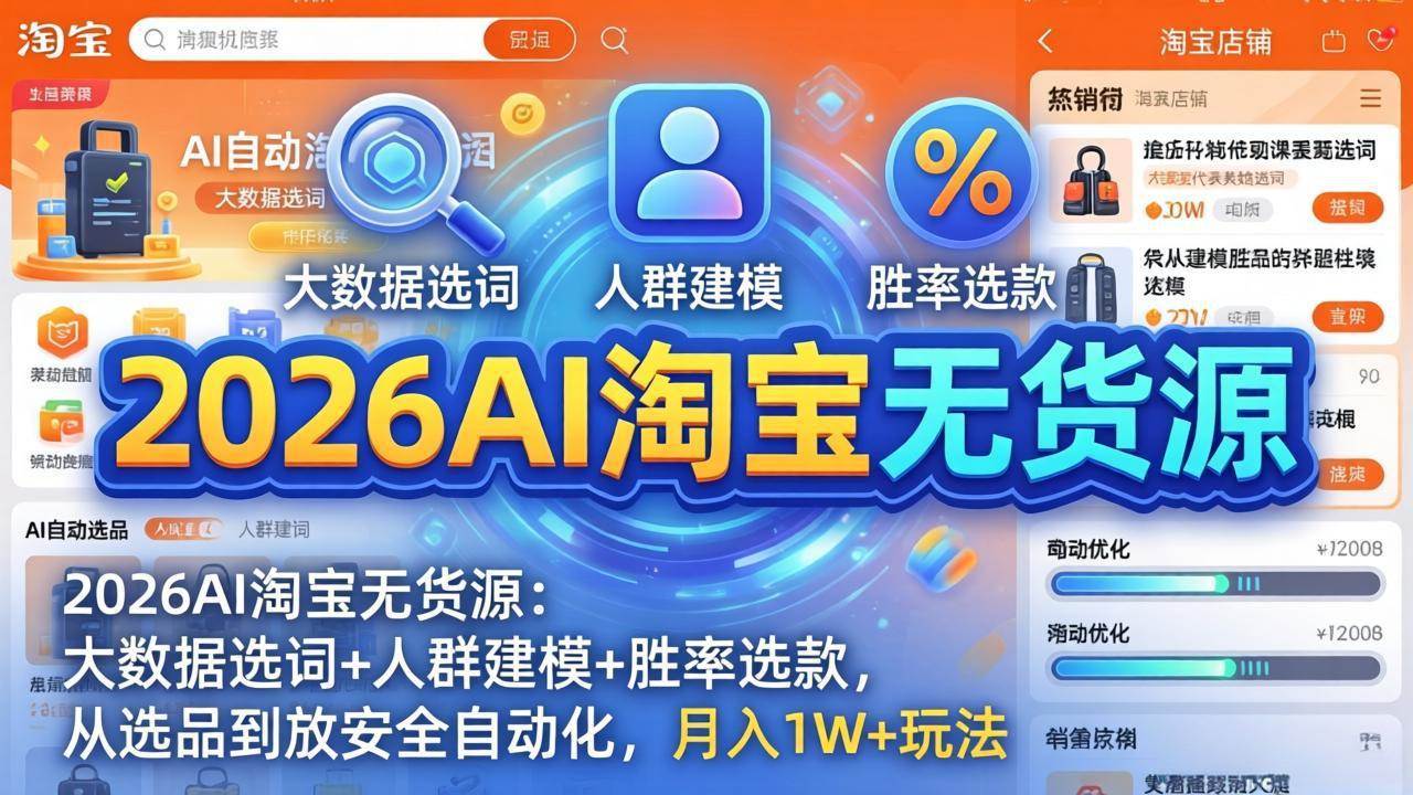 （17812期）2026AI淘宝无货源：大数据选词+人群建模+胜率选款，从选品到放大全自动化，月入1W+玩法-驿想项目网