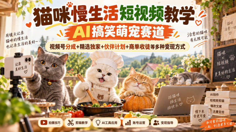 猫咪慢生活短视频教学，AI搞笑萌宠赛道，视频号分成+精选独家+伙伴计划+商单收徒等多种变现方式-驿想项目网