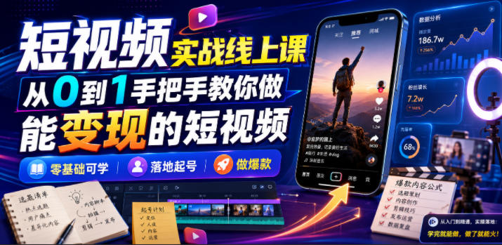 短视频实战线上课，从0到1手把手教你做能变现的短视频，零基础可学，落地起号做爆款-驿想项目网