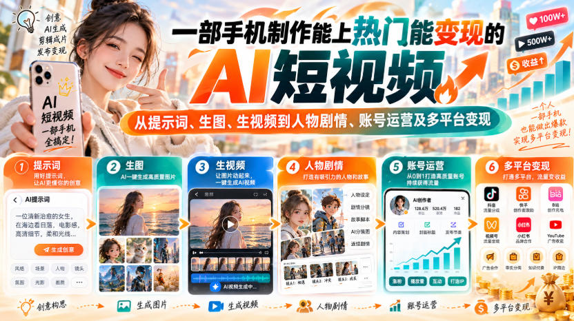【无水印】一部手机制作能上热门能变现的AI短视频，从提示词、生图、生视频到人物剧情、账号运营及多平台变现-驿想项目网